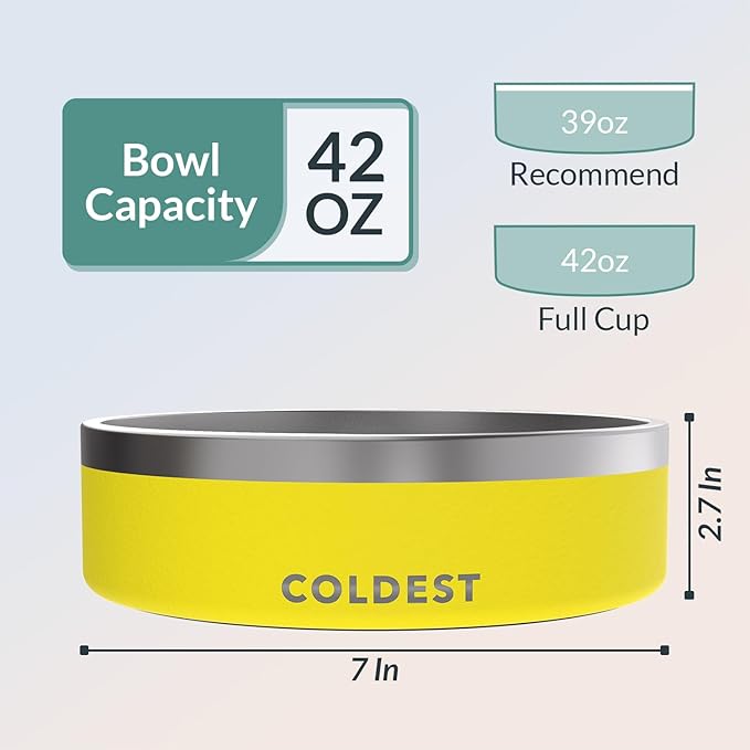 Coldest Dog Bowl - Anti Rust Metal, Non Slip, 3 Layers Insulated Stainless Steel Dog Bowls - Spill Proof & Heavy Duty - Water Bowl for Dogs, Cats & Pets, Dish Washer Safe (42 oz, Solar Yellow)-PawvioPets