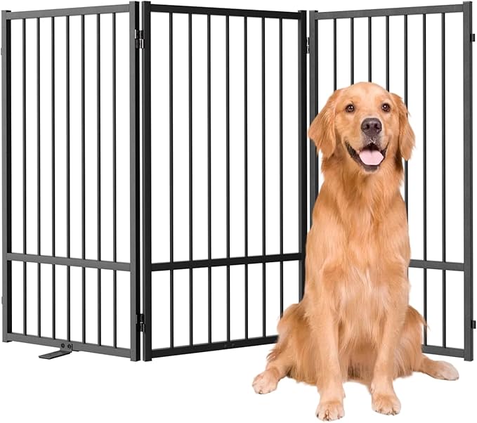 Full Metal Freestanding Dog Gate with Door, 36''Height Foldable Pet Dog Fence for Indoor & Outdoor, 3 Panels Extra Wide Free Standing TallDog Gates for Doorways,House,Stairs,Porch,Deck,Yard-PawvioPets