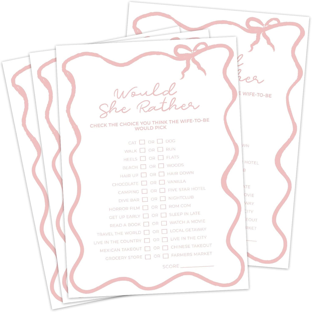 DEEKA 30 PCS Bridal Shower Games Card for 30 Guests White Pink Wavy Border Ribbon Bow Funny Wedding Bachelorette Party Games for Reception (Would She Rather)