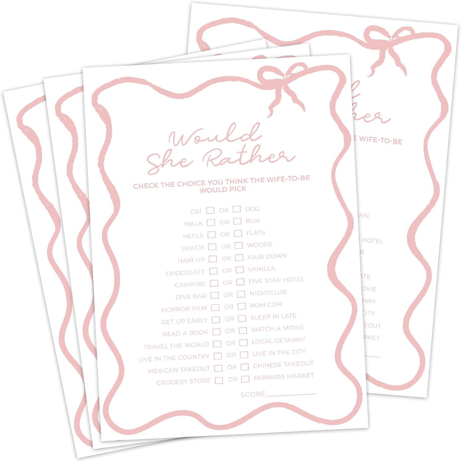 DEEKA 30 PCS Bridal Shower Games Card for 30 Guests White Pink Wavy Border Ribbon Bow Funny Wedding Bachelorette Party Games for Reception (Would She Rather)