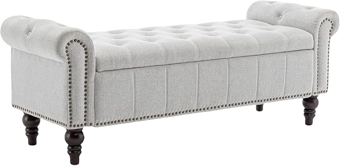 58’’ Storage Bench for Bedroom, Upholstered Button-Tufted Ottoman with Solid Wood Legs, Queen Size End of Bed Shoe Cabinet, Window Seat Foot Rest Stool for Entryway, Living Room (Silver)-PawvioPets
