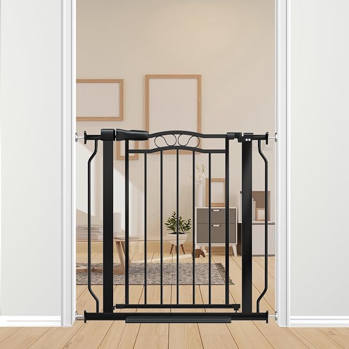 30" Tall Narrow Baby Gate for Doorways No Drill 29.5-33.8" Wide, Auto Close Press Mounted Baby Gate Indoor for Kids, Walk Through Pet Gates for Stairs, Black-PawvioPets