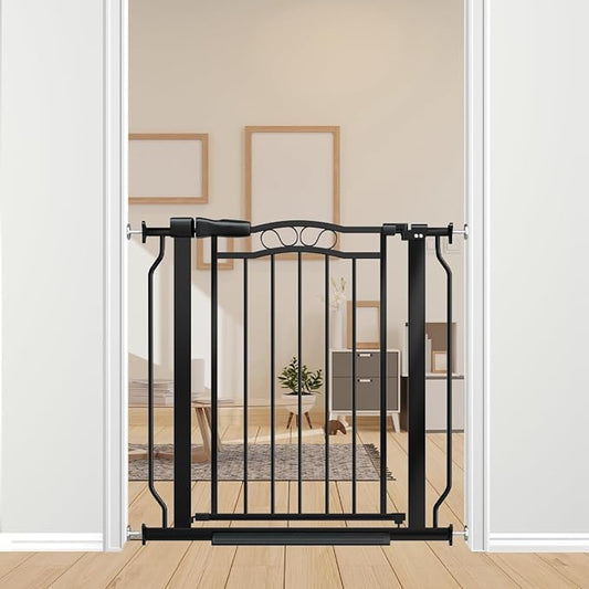30" Tall Narrow Baby Gate for Doorways No Drill 29.5-33.8" Wide, Auto Close Press Mounted Baby Gate Indoor for Kids, Walk Through Pet Gates for Stairs, Black-PawvioPets