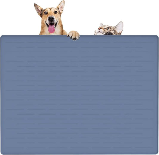 32" x 24" Large Pet Food Mat, Silicone Dog Mats for Food and Water, Nonslip Pet Feeding Mats for Floors,Dog Cat Bowl Mat with Raised Edges, Lake Blue-PawvioPets