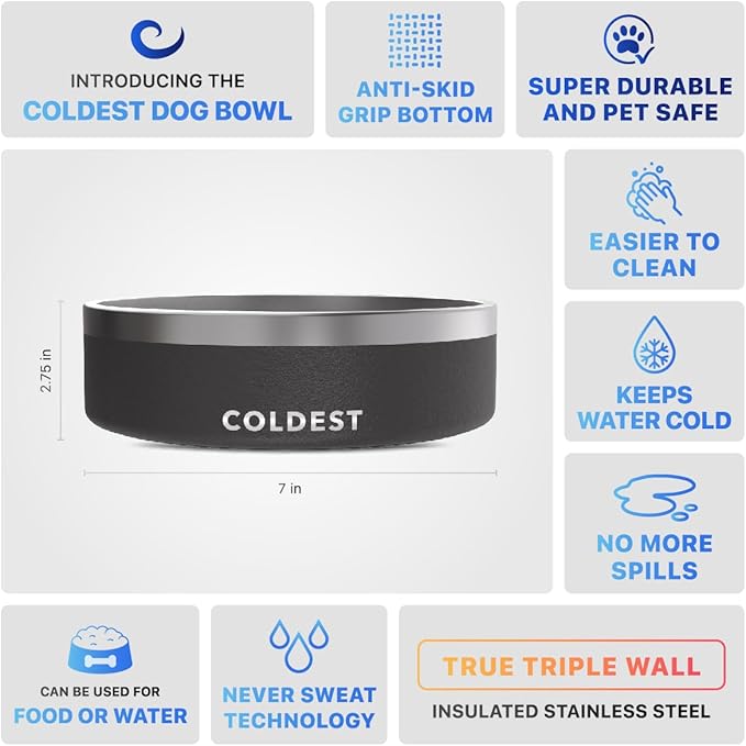 Coldest Dog Bowl - Anti Rust Metal, Non Slip, 3 Layers Insulated Stainless Steel Dog Bowls - Spill Proof & Heavy Duty - Water Bowl for Dogs, Cats & Pets, Dish Washer Safe (42 oz, Stealth Black)-PawvioPets