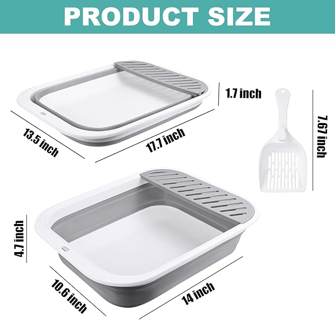 Cat Litter Box for Travel, 18"×14" Grey Small Litter Box for Open Foldable Waterproof Litter Pan,Kitty Litter Box Easy to Clean and Assemble, Portable Litter Box with Scoop-PawvioPets
