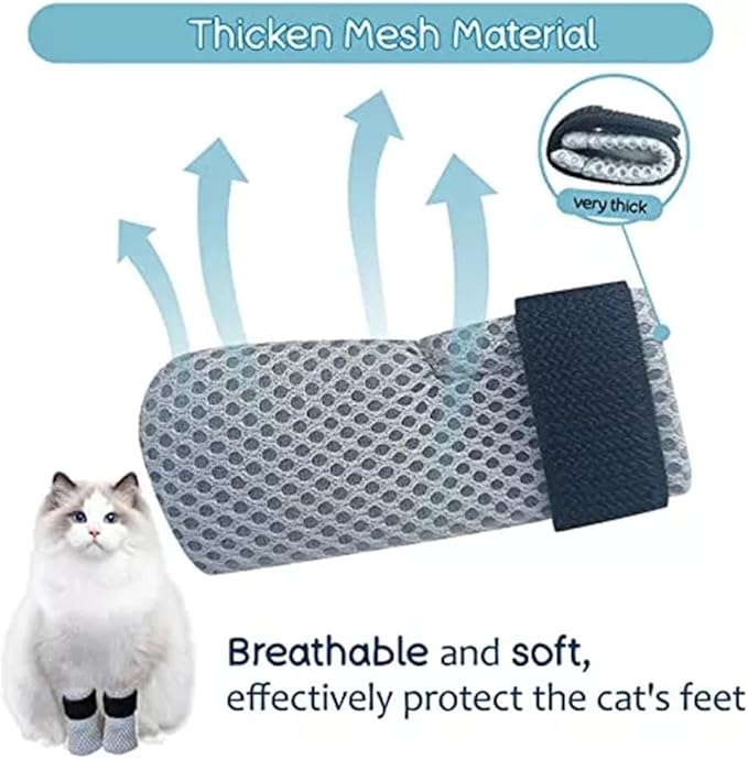 8 Pack Cat Mittens to Prevent Scratching, Adjustable Breathable Mesh Cat Booties & Claw Covers - Anti Scratch Gloves for Bathing, Nail Trimming - 4 Black & 4 Grey, Paw Inner Diameter up to 1.57 Inches-PawvioPets