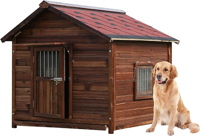 Extra Large Dog House Outdoor Made of Solid Pine Wood, Warm Doghouse, Dog House with Elevated Floor for Large Dogs, (Wood, 4XL)-PawvioPets