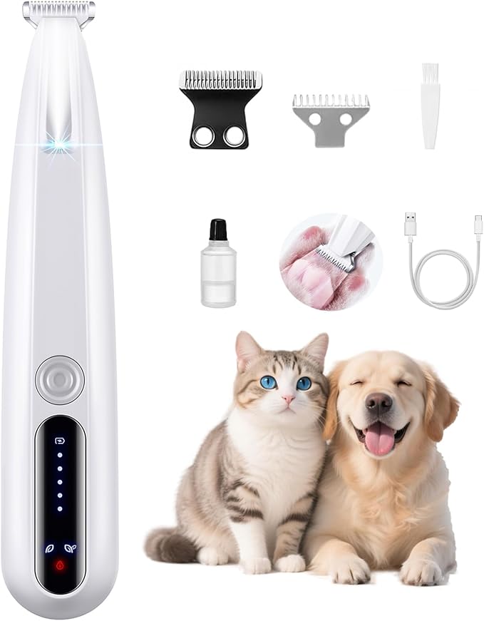 2 Mode Paw Trimmer for Dogs & Cats - Electric Quiet Dog & Cat Grooming Trimmer, Rechargeable Clipper with LED Light, 2 Blades, Waterproof for Paws/Ears/Face-PawvioPets