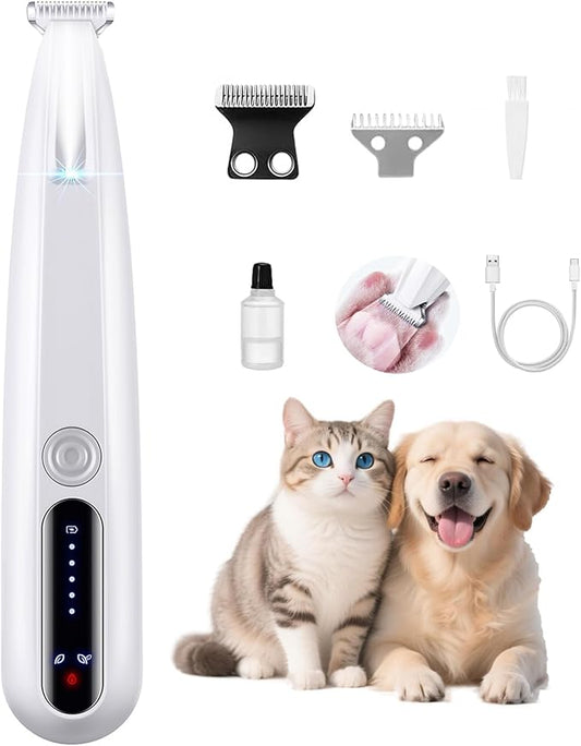 2 Mode Paw Trimmer for Dogs & Cats - Electric Quiet Dog & Cat Grooming Trimmer, Rechargeable Clipper with LED Light, 2 Blades, Waterproof for Paws/Ears/Face-PawvioPets