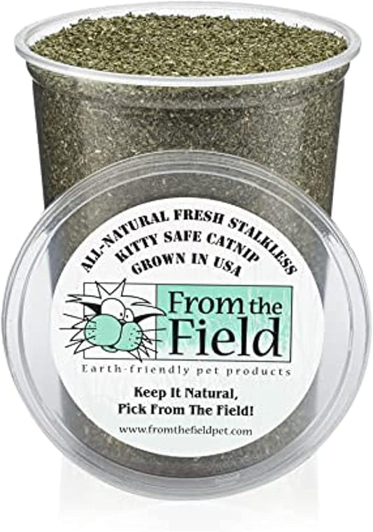from The Field | Fine Ground Stalkless Catnip | Premium USA-Grown Catnip for Toys & Playtime | Fresh, Potent, Non-Toxic, Eco-Friendly | Safe for Kittens & Cats | Resealable 6 oz Tub-PawvioPets