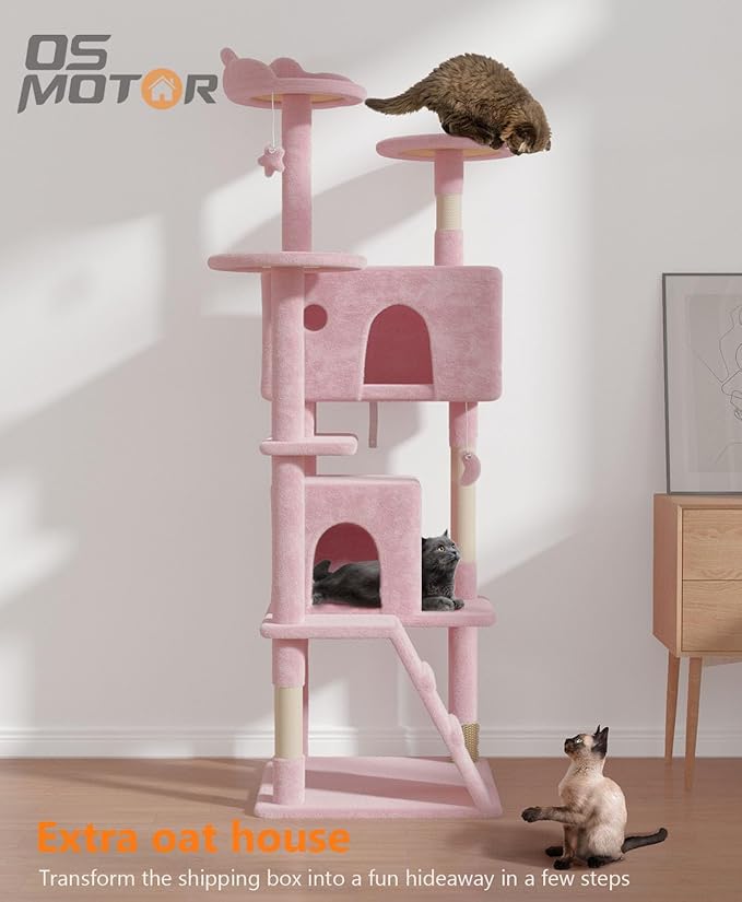 70'' Cat Tree Tower for Indoor Cats Large Adult,Cute/Tall Modern Cat Tree for Big Cats 20 lbs,Plush Multi-Level Cat Condo with Scratching Posts,Dangling Ball for Fun Play(Soft Pink, 70 inch)-PawvioPets
