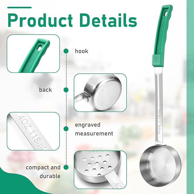 16 Pcs Portion Control Serving Spoons, Restaurant Measuring Serving Ladle Utensils, Portion Control Slotted Scoops for Weight Loss, Solid and Perforated Scoops(Green,4 oz)-PawvioPets
