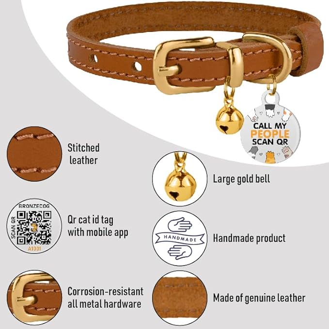 BRONZEDOG Leather Cat Collar with Removable Bells Non Breakaway Kitten QR Tag for Girl Boy (9" - 12" Cats/Mini Dogs, Light Brown & Gold)-PawvioPets
