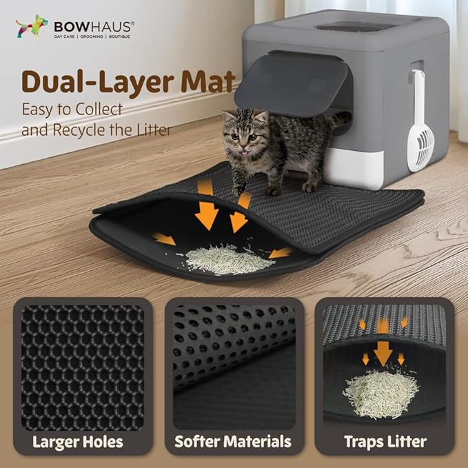 Foldable Cat Litter Box w/Lid, Scoop & Mat, Drawer Design Cat Toilet for Kitten, Two-Way Entry Kitty Litter Box, Odor Control & Easy to Clean, Dark Grey-PawvioPets