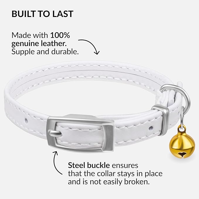 CollarDirect Leather Cat Collar with Bell - Kitten Collar, Small and Big Cat Collar for Boy Cats, Girl Cats with Safety Elastic Strap (Neck Fit 6"-7", White)-PawvioPets