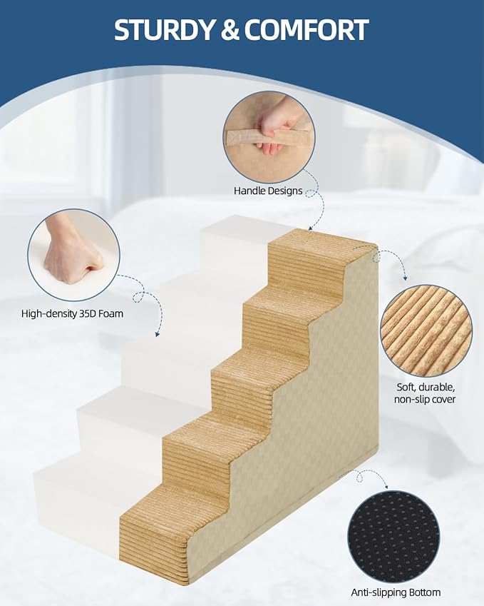 Dog Stairs for Small Dogs,22" H,5-Step Dog Steps for Bed and Couch with High Density Foam,Non-Slip Pet Steps for Doggy and Cat,Pet Stairs with a Washable Cover,Khaki-PawvioPets