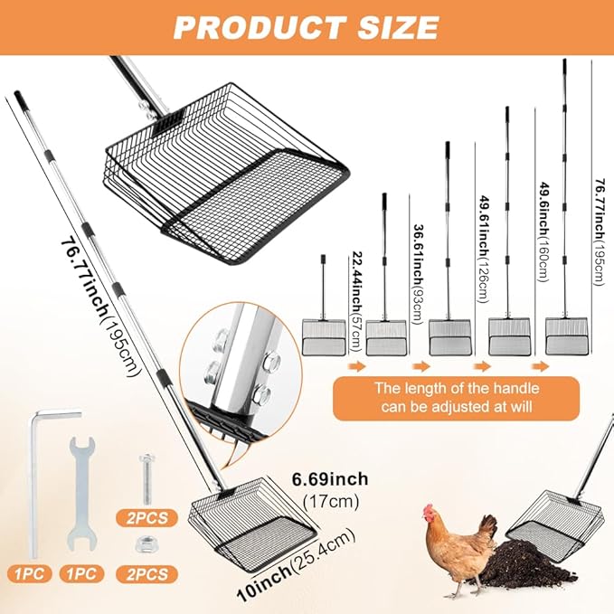 10inch Chicken Poop Scooper, Chicken Coop Scoop for Poop, 4 Sections Extended with 22 to 77inch Stainless Steel Adjustable Handle, Litter Scooper Sifting Shovel-PawvioPets