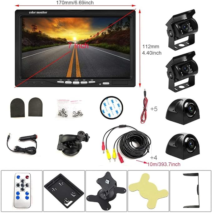 Backup Camera Kit 7 inch 4-Spilt Monitor Rear View Cameras with IP 67 Waterproof 18 IR Night Vision Car Camera for Tucks, RVs,Trailers,Bus,Vans + 4pcs 10m/393.7inch Cables-PawvioPets