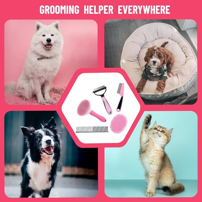 Dog Grooming Kit - Deshedding Brush for Short Hair, Slicker Brush, Flea Comb, Puppy Brush Set in Pink-PawvioPets