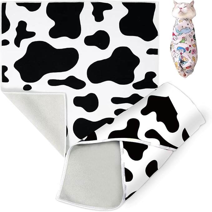 Cat Grooming Wrap, Cat Wrap Self-Adherent, Anti-Scratch Anti-Bite, Anti-Escape Grooming Bag for Cats Nail Clipping, Ear Cleaning, and Teeth Brushing (27.6 × 27.6" Cow Pattern)-PawvioPets