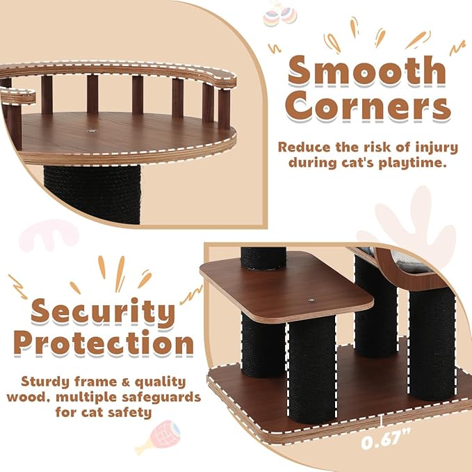 70.9'' Black Cat Tree for Indoor Cats Large Adult, Heavy Duty Cat Tower with Scratching Post, Modern Kitty Tree with Removable Mats, Semi-closed Condo and Transparent Bowl, Wooden Luxury Cat Furniture-PawvioPets