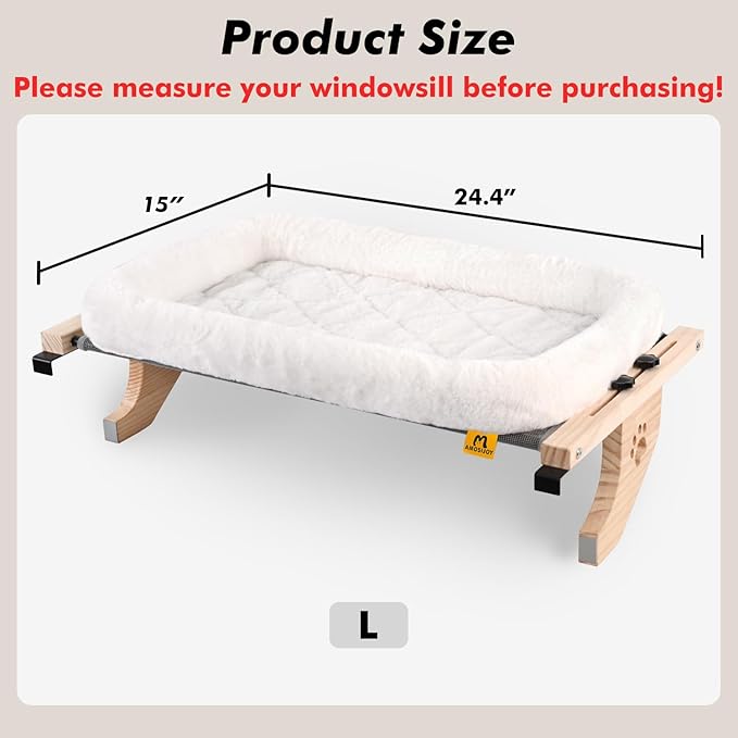 AMOSIJOY Cat Sill Window Perch Sturdy Hammock Seat with Cushion Bed Cover, Wood & Metal Frame for Large Cats, Easy to Adjust Windowsill, Bedside, Drawer and Cabinet (L)-PawvioPets
