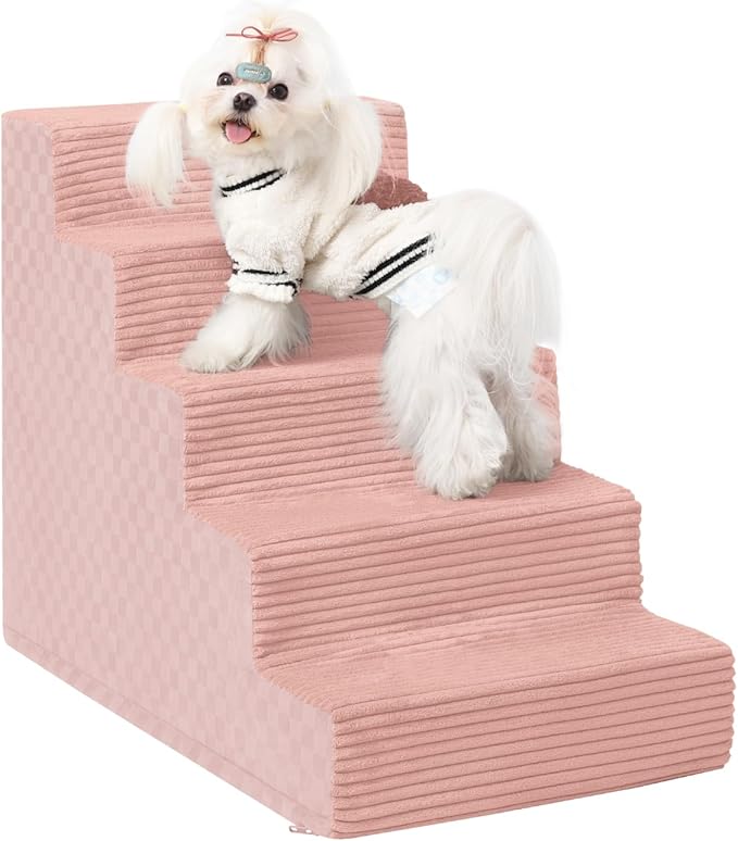 Dog Stairs for Small Dogs,22" H,5-Step Dog Steps for Bed and Couch with High Density Foam,Non-Slip Pet Steps for Doggy and Cat,Pet Stairs with a Washable Cover,Pink-PawvioPets