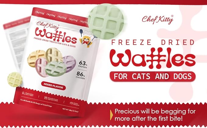 Freeze Dried Chicken Cat & Dog Waffle Treats - Made with Human Grade Chicken Breast & Liver - 5 Natural Flavors - Healthy, Tasty, Dry Food for Indoor Cats, Dogs - Inspected & Tested in USA-PawvioPets