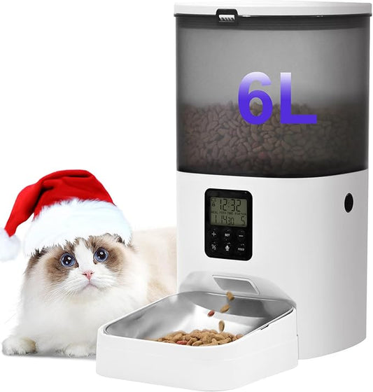 Automatic Cat Feeder, 6L Cat Food Dispenser with 10s Voice Recorder, Pet Feeder up to 8 Meals per Day, Timed Feeder with Dry Food Sealed Ring (Jade White, 6L)-PawvioPets