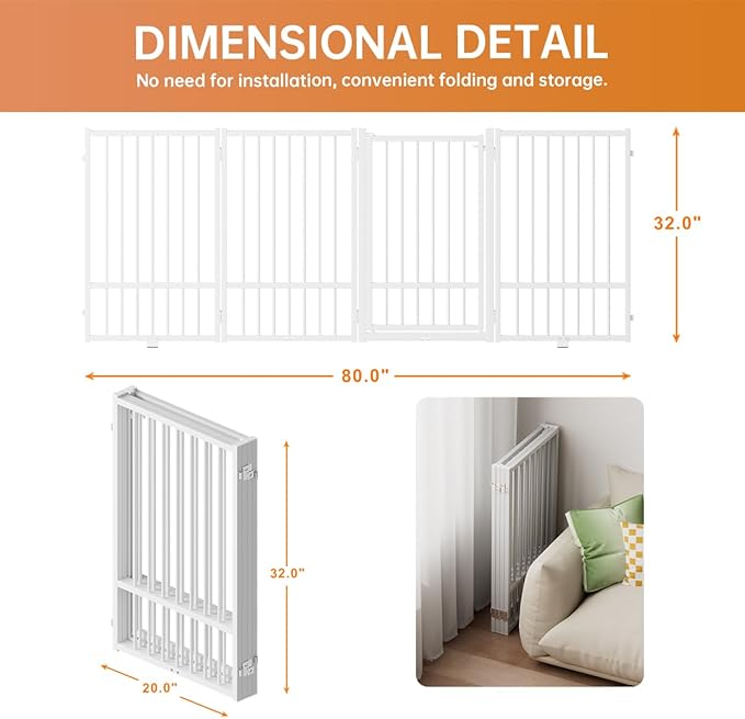 Full Metal Freestanding Dog Gate with Door, 32''Height Foldable Pet Dog Fence for Indoor & Outdoor, 4 Panels Extra Wide Free Standing TallDog Gates for Doorways,House,Stairs,Porch,Deck,Yard-PawvioPets