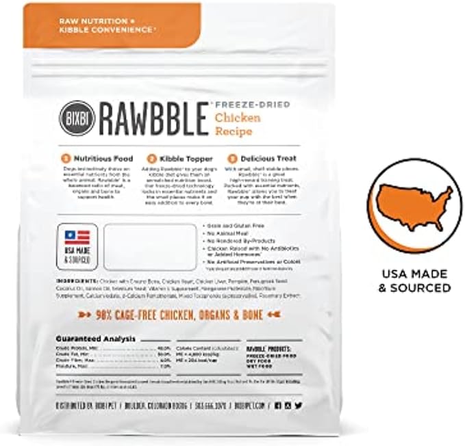 BIXBI Rawbble Freeze Dried Dog Food, Chicken Recipe, 4.5 oz - 98% Meat and Organs, No Fillers - Pantry-Friendly Raw Dog Food for Meal, Treat or Food Topper - USA Made in Small Batches-PawvioPets