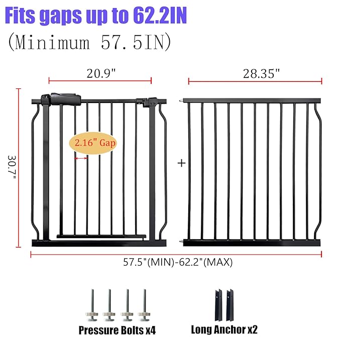 Extra Wide 57.5-62 Inch Large Baby Gates for Stairs, Doorways - No Drilling, Pressure Mounted Pet Gates for Kids & Dogs-PawvioPets