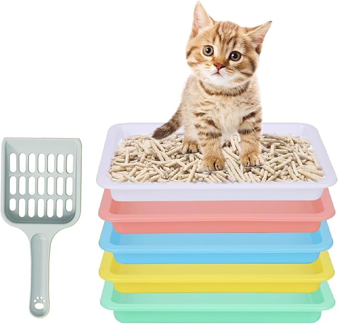 5pcs Kitten Litter Box, Small Cat Litter Box with Scooper, Small Litter Pan Low Entry Shallow Plastic Litter Tray Portable Cat Waste Tray Open Travel Kitten Boxes for Small Pet Rabbit Newborn Cat-PawvioPets