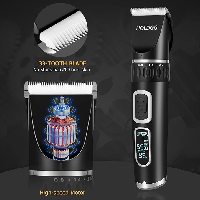 Dog Clippers Professional Heavy Duty Dog Grooming Clipper 3-Speed Low Noise High Power Rechargeable Cordless Pet Grooming Tools for Small & Large Dogs Cats Pets with Thick & Heavy Coats-PawvioPets