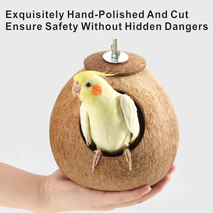 Bird Nest for Cage Natural Coconut Shell Birds House 2 Pack Parakeet Hide Breeding Hut Bird Cage Accessories & Decor Hamster Toys for Parrot Lovebirds Budgies Cockatiel Conure Finch Canary-PawvioPets