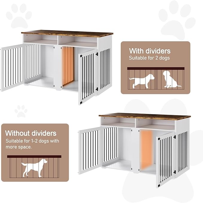 Dog Crate Furniture for 2 Dogs, 55 Inch Dog Crate Indoor with Removable Divider and Shelf Storage, Wooden Dog Crates for Medium/Large Dogs, White-PawvioPets
