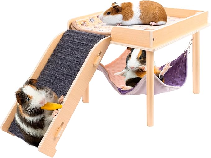 Enlarged Guinea Pig Hammock with Platform and Stairs,Wooden Small Animal Hideout for Guinea Pigs Bunny Ferret Hamster Hiding Sleeping Activities(Single)-PawvioPets