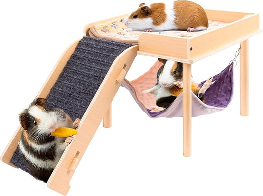 Enlarged Guinea Pig Hammock with Platform and Stairs,Wooden Small Animal Hideout for Guinea Pigs Bunny Ferret Hamster Hiding Sleeping Activities(Single)-PawvioPets