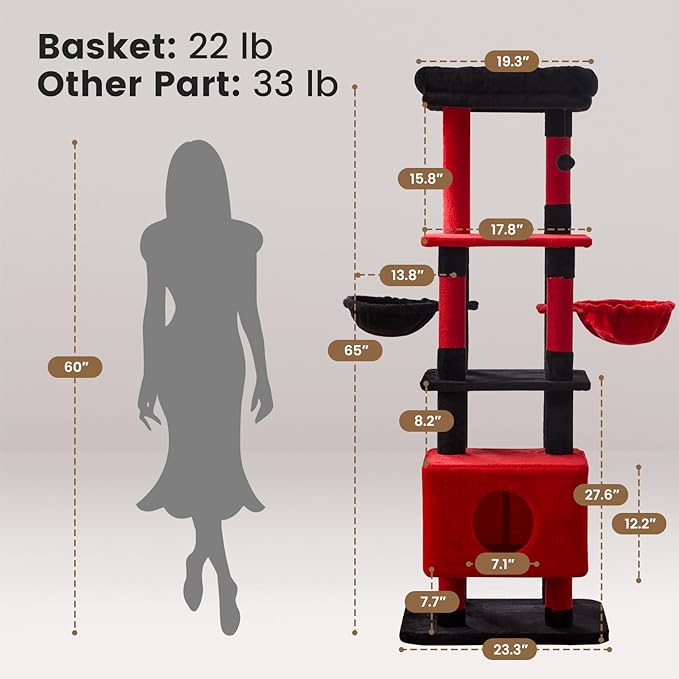 Gardner Pet 65in Heavy Duty Cat Tree Tower for Large Cats, Multi-Level Cat Furniture with Replaceable Sisal Scratching Post, Hammock | Extra-Large Platform & Condo (Black Red, Basic φ:2.84")-PawvioPets