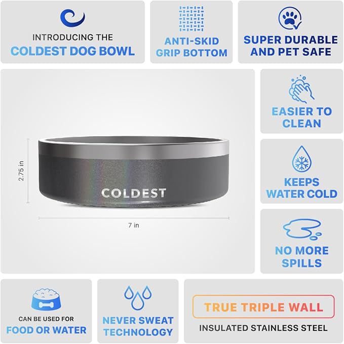 Coldest Dog Bowl - Anti Rust Metal, Non Slip, 3 Layers Insulated Stainless Steel Dog Bowls - Spill Proof & Heavy Duty - Water Bowl for Dogs, Cats & Pets, Dish Washer Safe (42 oz, Stardust Glitter)-PawvioPets