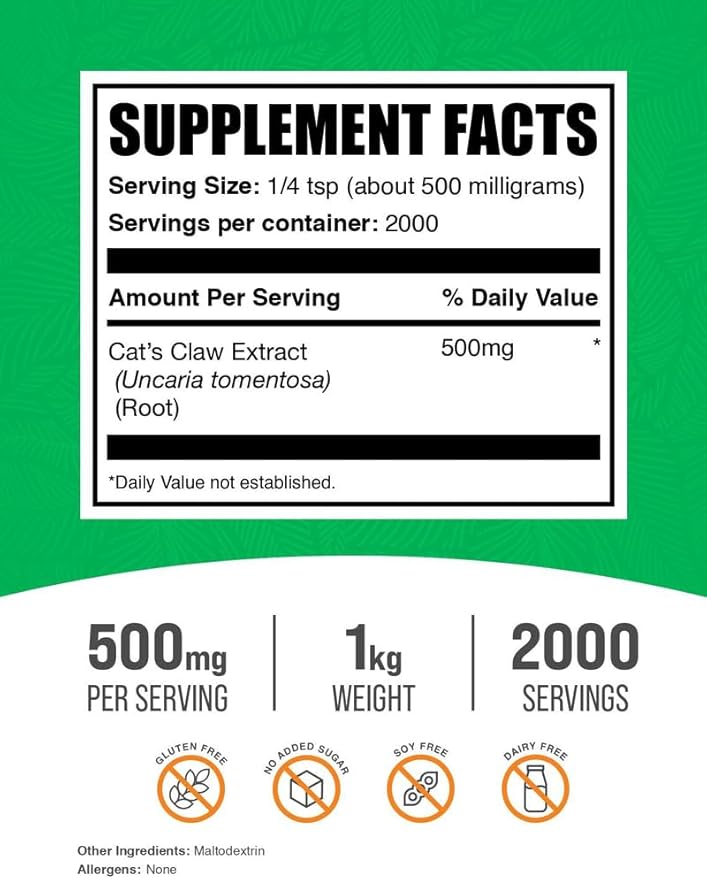 BulkSupplements.com Cat's Claw Extract Powder - Cat's Claw Supplement, Herbal Supplement - Vegan & Gluten Free, 500mg per Serving, 1kg (2.2 lbs) (Pack of 1)-PawvioPets