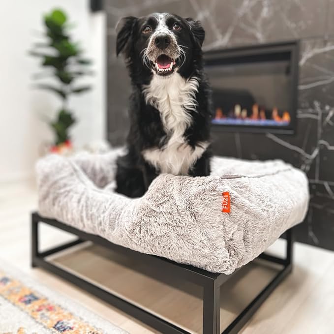 FUZI Luxury Aesthetic Dog Bed for Large Dogs with Washable Cover, Pet Couch, Pet Bed with Sides, Non-Slip Bottom, Soft and Durable Calming Dog Bed, Faux Fur Cover, Large 35.6x28.5x9.5 Light Grey-PawvioPets