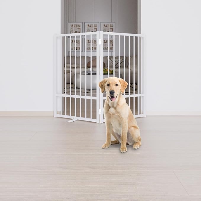 Full Metal Freestanding Dog Gate with Door, 32''Height Foldable Pet Dog Fence for Indoor & Outdoor, 2 Panels Extra Wide Free Standing TallDog Gates for Doorways,House,Stairs,Porch,Deck,Yard-PawvioPets