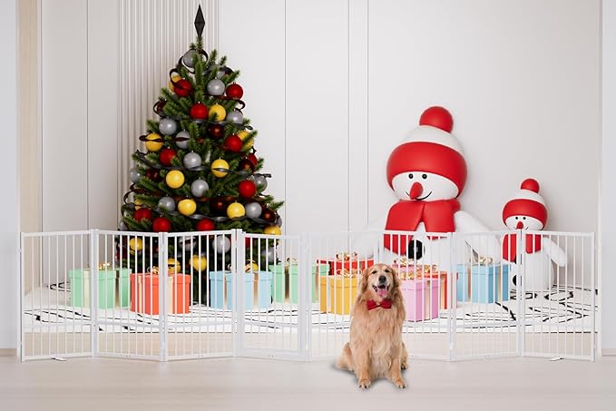 Full Metal Freestanding Dog Gate with Door, 32''Height Foldable Pet Dog Fence for Indoor & Outdoor, 8 Panels Extra Wide Free Standing TallDog Gates for Doorways,House,Stairs,Porch,Deck,Yard-PawvioPets