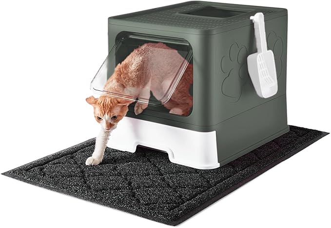 Cat Litter Box with X-Large Litter Mat and Scoop, Large Foldable Litter Box with Lid, Enclosed Kitty Box,Front Top Entry Exit, Odor Control Easy to Clean (Upgrade Olive Green)-PawvioPets