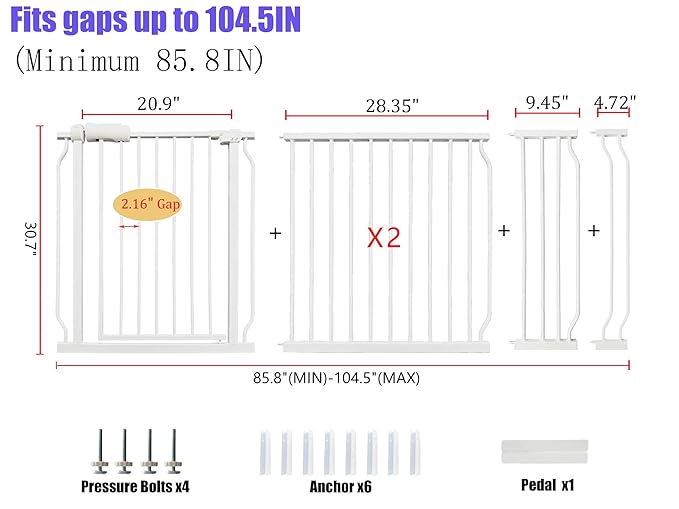 Extra Wide Baby Gate 85.8-104.5 Inch, Pressure Mounted No Drilling, for Stairs & Doorways, Metal White Indoor Safety Gate for Kids and Dogs-PawvioPets
