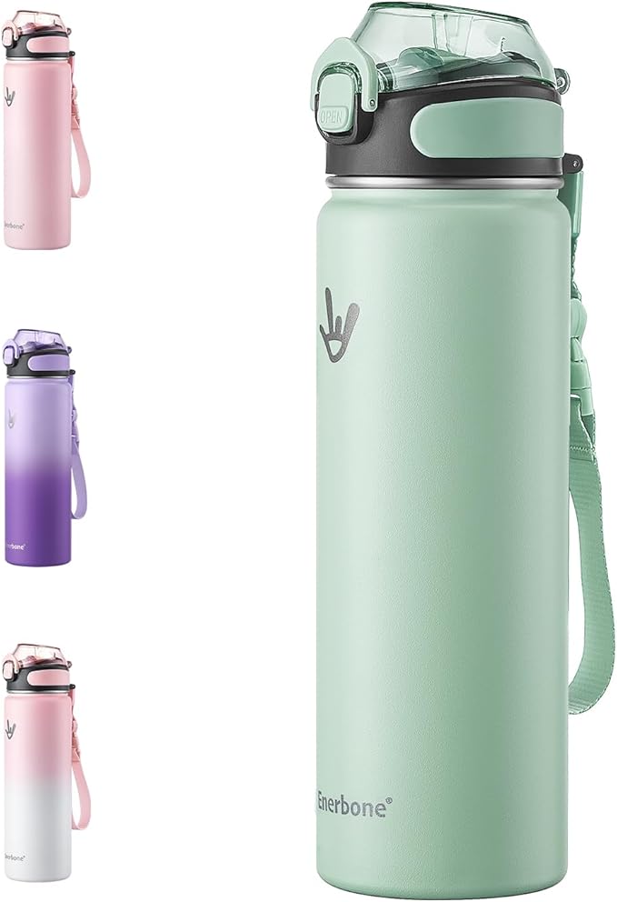 Enerbone 24 oz Insulated Water Bottle, Stainless Steel Bottle with Carrying Strap, Double-Wall Vacuum Insulation Design, Leakproof Sports Bottle with Straw, Keep Drinks Cold or Hot for Hours-PawvioPets