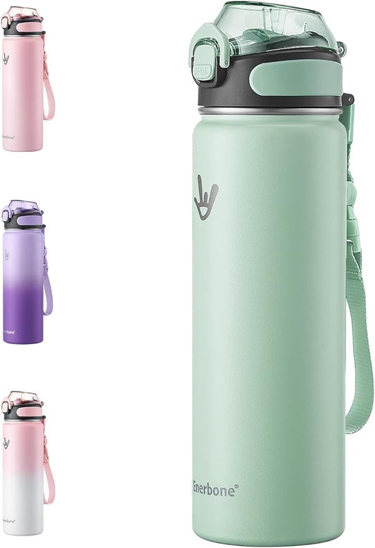 Enerbone 24 oz Insulated Water Bottle, Stainless Steel Bottle with Carrying Strap, Double-Wall Vacuum Insulation Design, Leakproof Sports Bottle with Straw, Keep Drinks Cold or Hot for Hours-PawvioPets