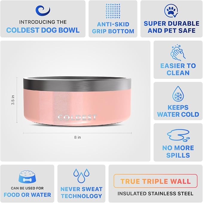 Coldest Dog Bowl - Anti Rust Metal, Non Slip, 3 Layers Insulated Stainless Steel Dog Bowls - Spill Proof & Heavy Duty - Water Bowl for Dogs, Cats & Pets, Dish Washer Safe (64 oz, Forever Pink Glitter)-PawvioPets